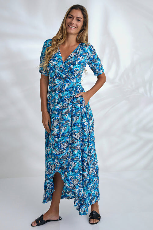 Renae Wrap Dress - Cyan Tricolour