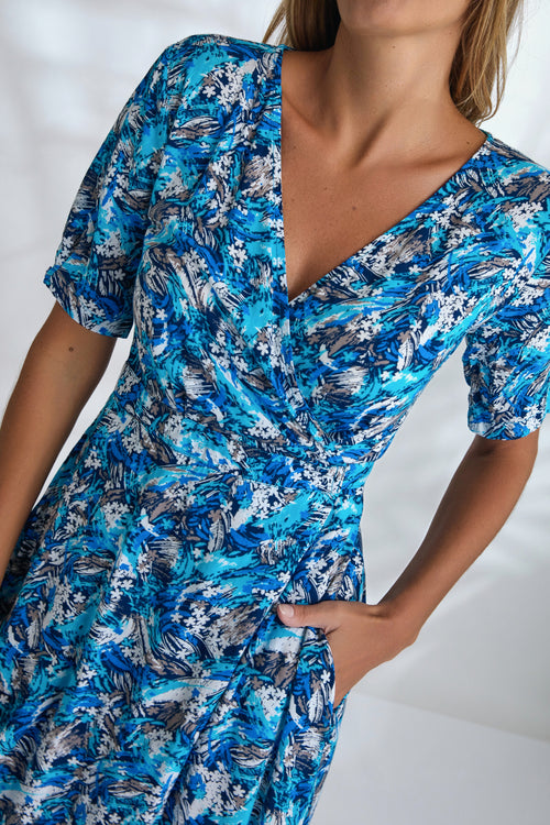 Renae Wrap Dress - Cyan Tricolour