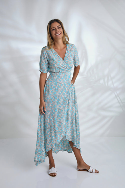 Renae Wrap Dress - Sky Blue Flower